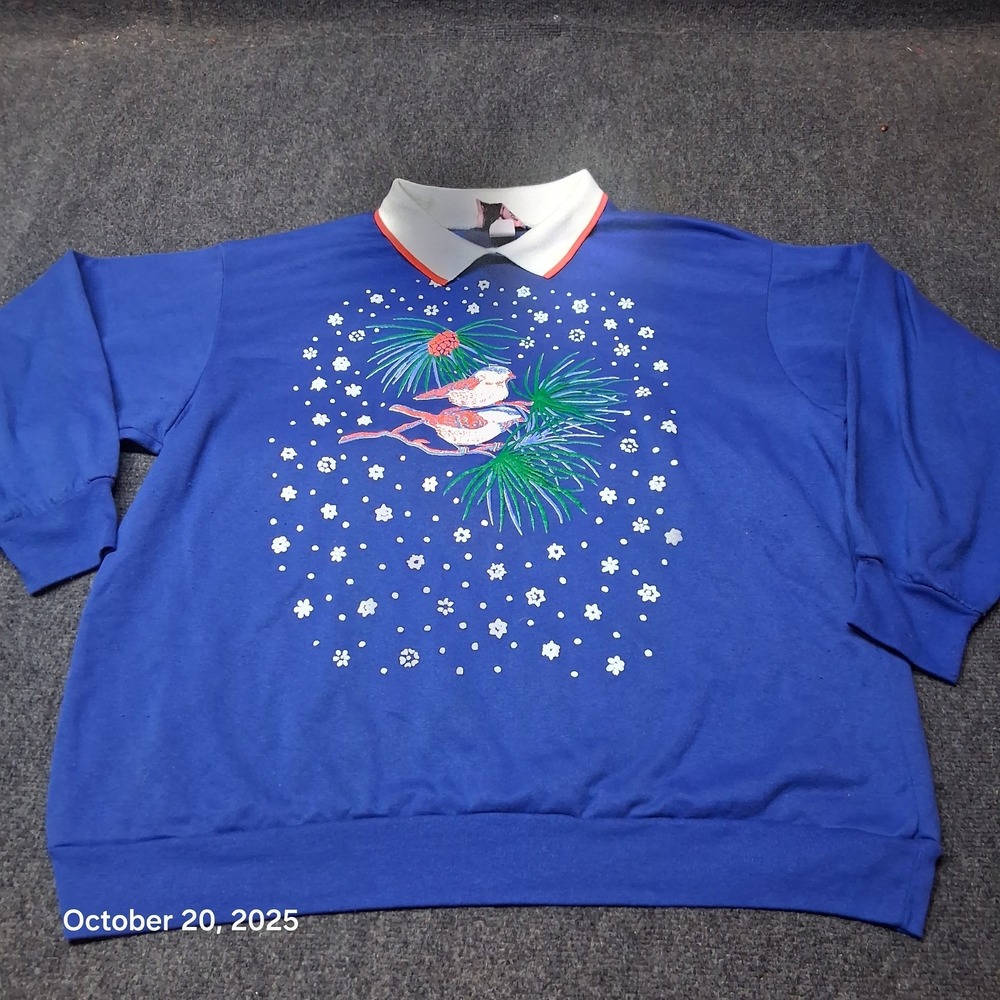 Vintage Why Not Mayfair Christmas Bird Chickadee Snow Sweatshirt Size 24W Blue‎